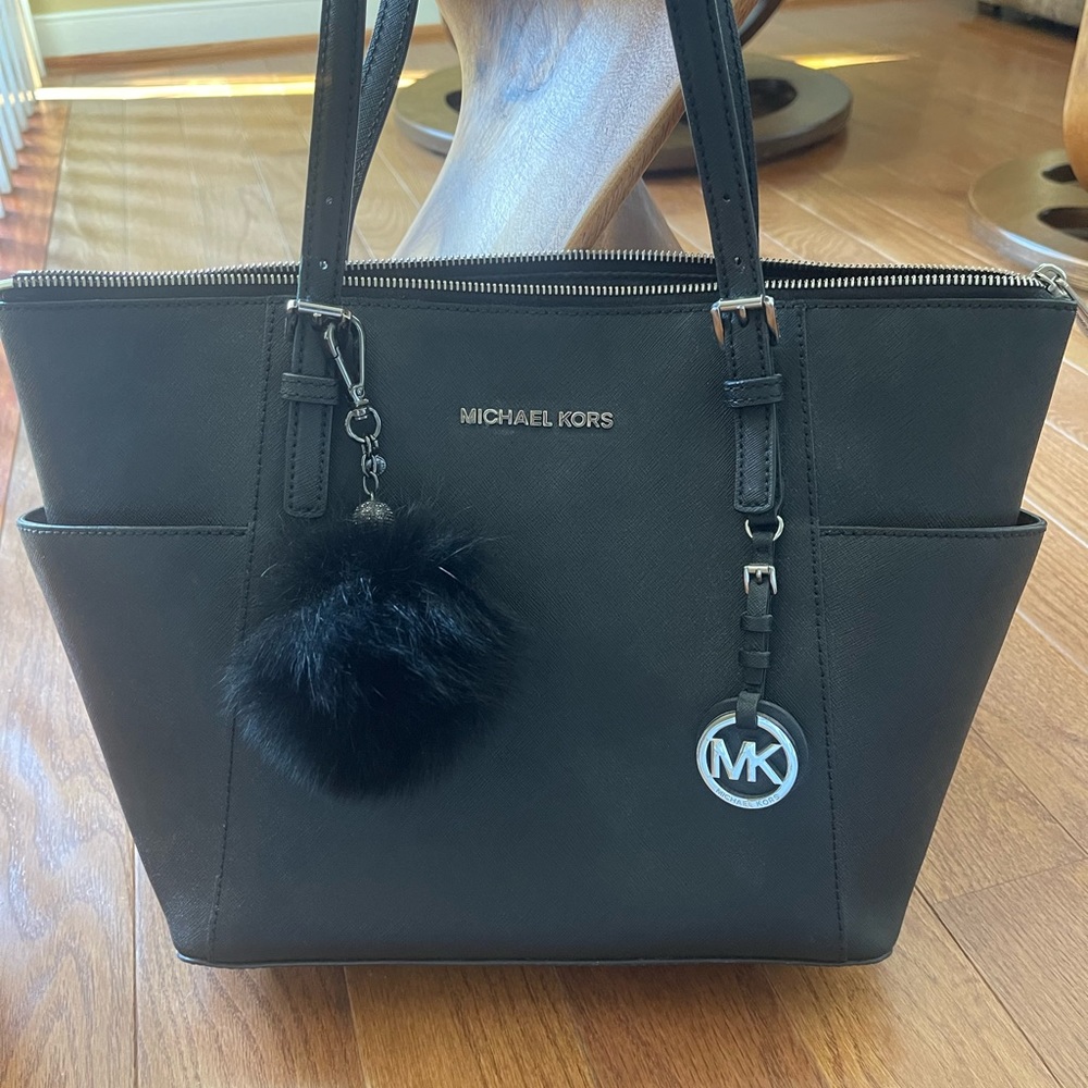 Michael Kors Jet Set Zippered Black Tote with silver hardware